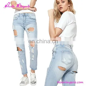 Wholesale No Moq Summer Women Denim Light Blue Ripped Jeans thumbnail-1