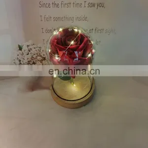Red Rose And Copper Wire String Light In Flower Glass Dome Cover With Wood Base For Valentine's Day Wedding Decoration thumbnail-3