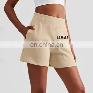 Fashion High Waist Women's Loose Casual Fitness Sports Clothing Shorts With Side Pockets Workout Running Gym Wear Yoga Shorts thumbnail-1