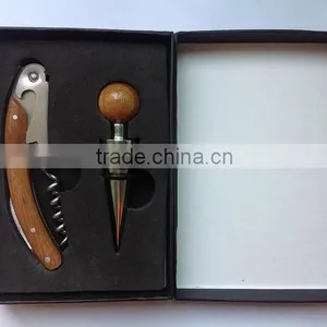Banboo Handle Multifunction Corkscrew and Wine Stopper Black Paper Box Gift Set thumbnail-2