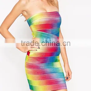 2016 Rayon Elastic Knitted Bandeau Bandage Festival Rainbow Dress Off Shoulder Silm Bodycon Mini Dress thumbnail-2