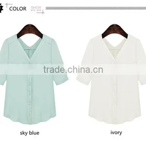 New Design 2 Colors Choice V Neck Short Sleeve Plus Size Women Chiffon Fabric Shirt thumbnail-3