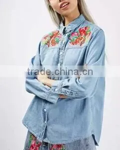 Runwaylover EY2349B Europe Style 2017 Ladies Embroidery Washed Denim Blouse thumbnail-1