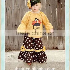 Baby Kids Girl's Clothing Fall Wholesale Children Turkey Outfits Gobble Boutique Thanksgiving Peasant Top and Ruffle Pants Sets thumbnail-1