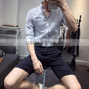 Cultivate One's Morality Men Striped Sleeves Shirts Washed Cotton Embroidery thumbnail-2