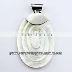 Mother Of Pearl Hand Carved Relief Spiral 925 Silver Pendant thumbnail-1