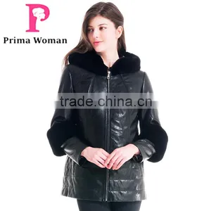 2016 New Design Winter Women Short Leather Coat With Rex Rabbit Hat Detachable Sleeveit Overcoat thumbnail-4