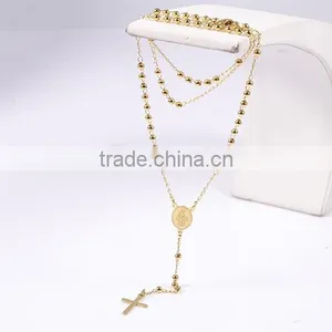 2016 New Arrival Vogue Gold Plated Small Beads Long Chain Cross Necklace thumbnail-4