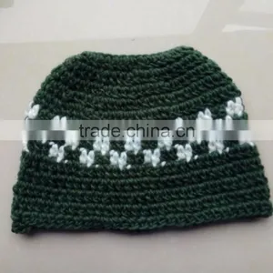Dark Green And Ivory Unisex Crochet Messy Bun Hat thumbnail-1