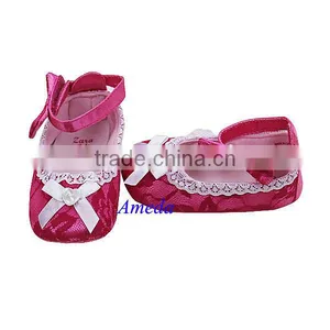 Baby Newborn Girls Hot Pink White Flower Lace Bow Crib Shoes thumbnail-1