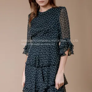 Ladies' 100%silk Chiffon Short Sleeve Ruffler Edge Print Dress thumbnail-3