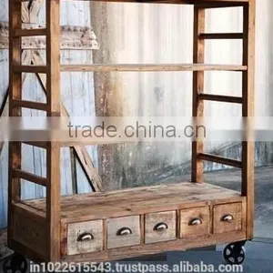 Industrial Bookshelf With Wheels, Reclaimed Wood Bookshelf With Drawer on Wheels thumbnail-1