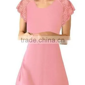 Women's Casual Backless Chiffon Lace O Neck Short Sleeve Summer Dress thumbnail-4