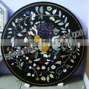 Black Inlaid Pietra Dura Round Table Top thumbnail-4