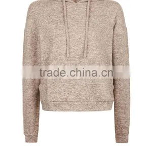 Crop Hoodies Women Simple Long Sleeves Grey Brushed Marl Cropped Top Hoodie thumbnail-5