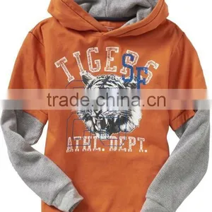 BOYS PRINTED LONG SLEEVE HOODED T SHIRT WITH CONTRAST SLEEVES thumbnail-1