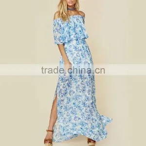 Peony Blue Floral Mumu Dresses 2018 Womans off Shoulder Maxi Dress thumbnail-5