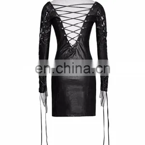 Punk Rave Gothic Fetish Black Slim Synthetic Leather Dress With Deep V-cuts Q-312 thumbnail-3