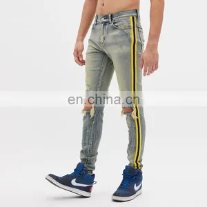 DiZNEW Men's High Stretch Striped Ripped Blue Skinny Side Jeans Man thumbnail-6
