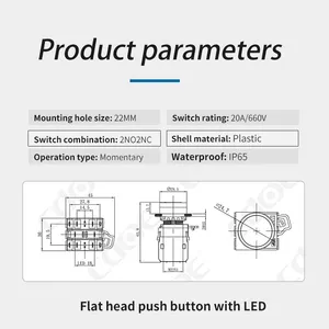 Ip65 22mm Plastic Red Flat Round Head 10a 1no1nc Start Stop Push Button Switch Momentary thumbnail-3