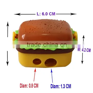 Hot Sale Two Hole Creative Cute Fashion Hamburger Shaped Plastic Pencil Sharpener With 2 Erasers Novelty Children Study Tools thumbnail-2