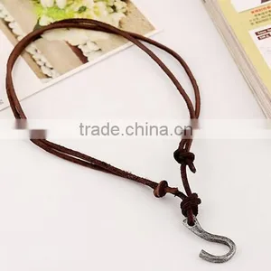 Vintage Real Cow Leather Fish Hook Pendant Bown Genuine Cowhide Necklace for Men thumbnail-1