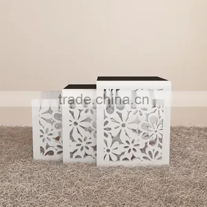 Nest Table Set of 3 With High Glossy MDF Wood Side Table With Carving Flower Living Room Coffee Table With Glass thumbnail-2