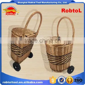 Unique Vintage Willow Weaved Woven Wicker Shopping Trolley Wheels Basket Cart thumbnail-1