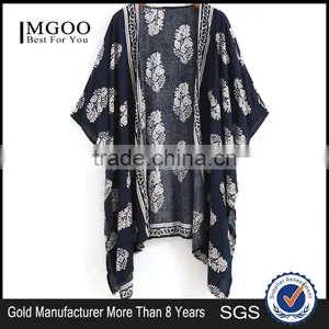 2017 Women Casual Navy Vintage Floral Loose Kimono With Asymmetrical Hem Ladies Summer Beachwear thumbnail-1