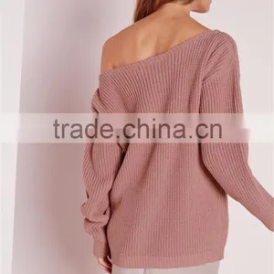 China OEM Winter Autumn Pullover Wide Neck Sweater Women Cashmere Ladies Jumpers Off Shoulder Jumper Pink thumbnail-4