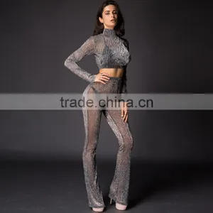 Runwaylover 084 Europe Style Ladies Two Piece Suits , Women Sexy Turtleneck Crop Top And Transparent Casual Pants thumbnail-1