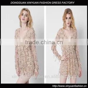New Long Sleeves Deep V Sexy Dress Net Yarn Tassel Sequins Skirt Summer thumbnail-1