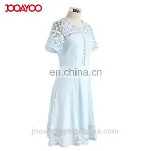 Women Elegant Short Sleeve Flower Lace Embroidered Crochet Dress in Blue thumbnail-5