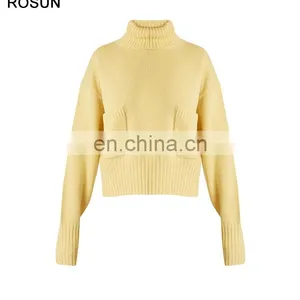 Yellow Mid Weight Roll Neck Patch Pocket Chunky Knit Sweater thumbnail-1