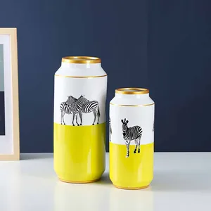 European Simple Style Zebra Painting Cylinder Yellow Ceramic Storage Vases Flower Decoration With Round Lid For Living Room thumbnail-5