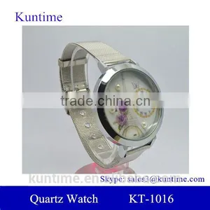 Metal Netting Strap Wristwatch Covered With Violet , Betterfly ,pearls and Effiel Tower thumbnail-1