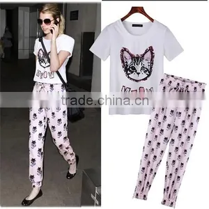 Latest Fashion Wholesale Garment Woman Loose Little Cat Printed Chiffon Shirts 2014 Summer Garment thumbnail-1