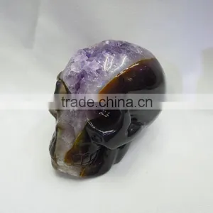 Small Size Carved Natural Amethyst Quartz Skulls With Geode All by Handmade Good for Art Collection thumbnail-2