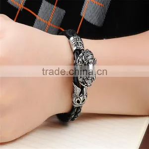 New Trending Skull Style Stainlesss Steel Genuine Leather Bracelet Men thumbnail-5