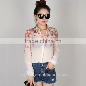 2015 New Fashion Women Chiffon Blouses Women Flower Print Lapel Casual Chiffon Long Sleeved Shirts Women Tops thumbnail-1