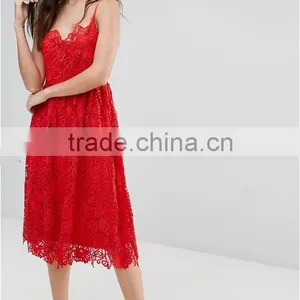 Clothing OEM Shiny Red Lady Women Midi Dresses Prom Lace Dresses thumbnail-1