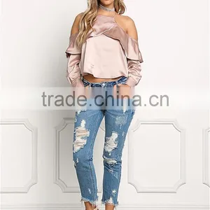 MGOO 2017 Latest Designs Women Satin Blouses Tops Plain Fashion Off Shoulder Crop Custom Ruffles Shirts thumbnail-3
