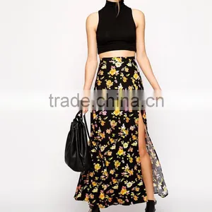 100% Viscose Fashion High Split All Over Floral Print Long Skirt thumbnail-2