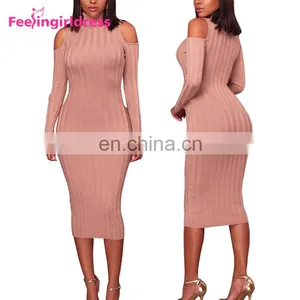Women Sexy Cold Shoulder Knitting Sweater Long Sleeve Bodycon Party Mini Dress thumbnail-1
