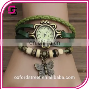 Ms Retro Hand-woven Imitation Leather Bracelet Watch Fashion and Colorful Butterfly Pendant Quartz Watch thumbnail-3