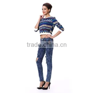 New Lady Women's Rainbow Printed O-Neck Long Sleeves Tops Blouses thumbnail-3