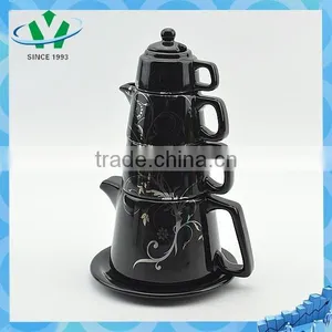 Elegant Black Flower Pattern Ceramic Tea Pot thumbnail-1