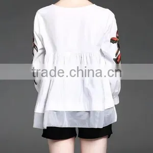 2017 Summer Newest Fashion Round Neck Long Sleeve Blouse With Patch on Sleeve thumbnail-3