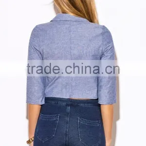 Hot Sale Blue Chambray Open Blazer for Women 2016 thumbnail-5