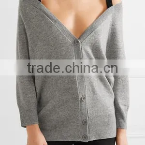Custom Made Women Gray and Black Cashmere Off-Shoulder Cardigan With Black Shoulder Straps thumbnail-2